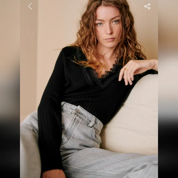 Sezane Abigael Long Sleeved Merino Wool Black V-Neck Jumper - Picture 2 of 5